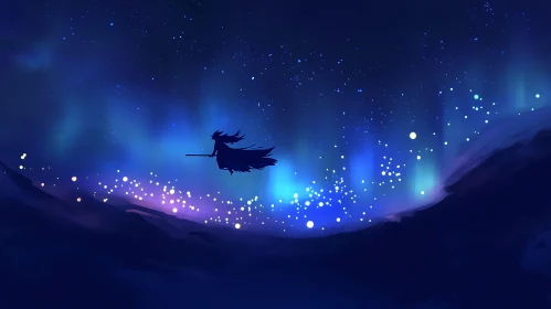 Silhouette of Witch on Broomstick at Night