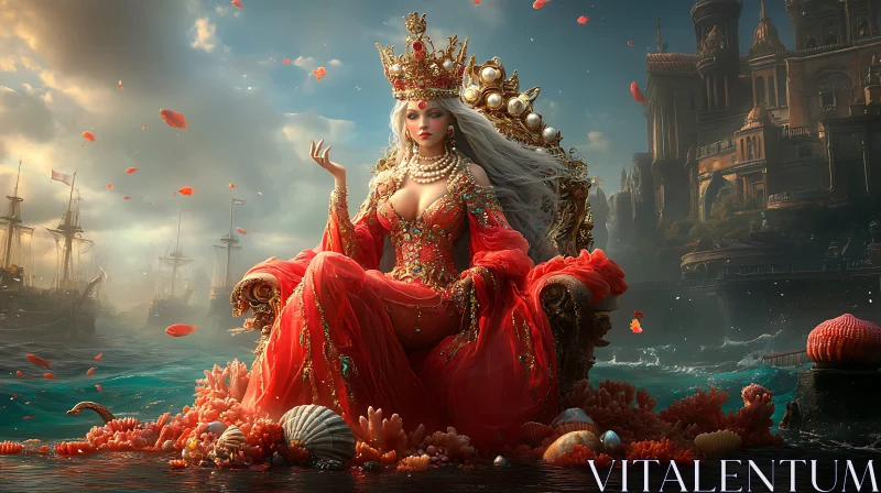 Queen in Red Dress on the Sea