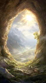 Cave Opening to Sunlit Mountain Valley