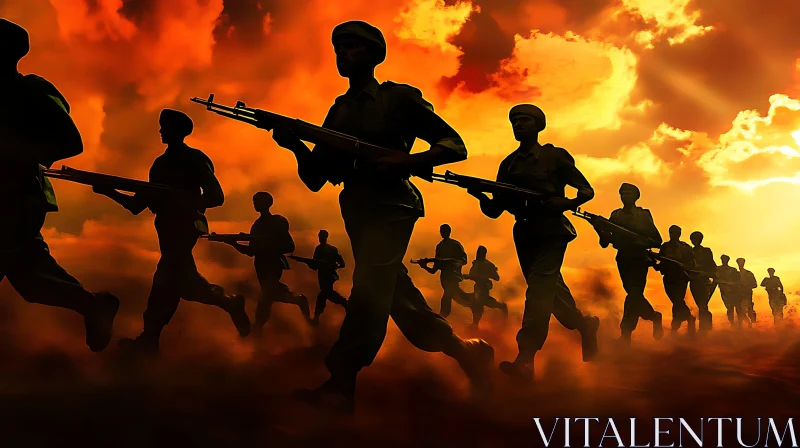 Silhouetted Warriors Under Fiery Sky