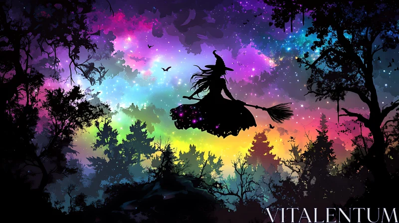 Mystical Witch Flight Over Dark Forest