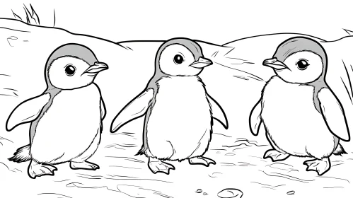 Monochrome Penguin Trio on Snowy Ground