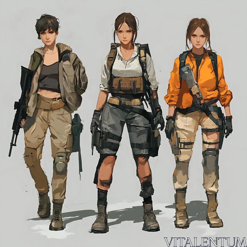 Three Female Warriors in Military Gear