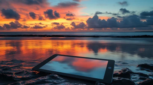 Tablet Reflects Sunset on Seashore