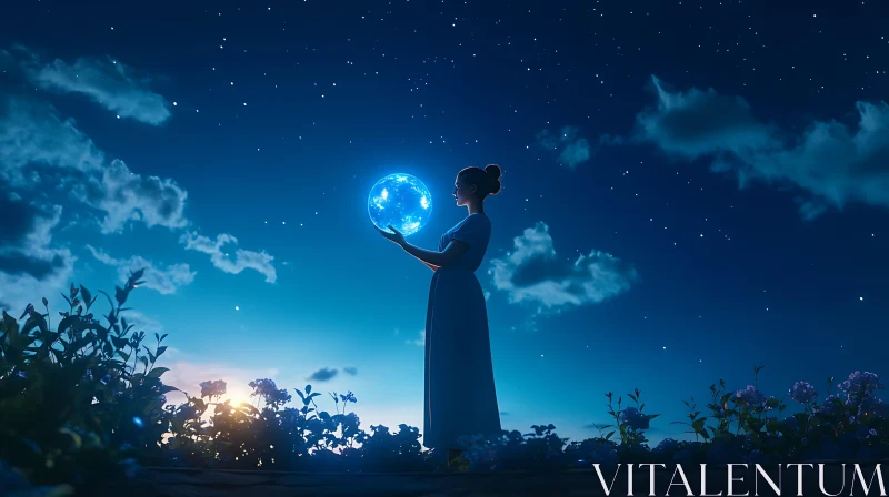 Woman with Magical Orb under Starry Sky