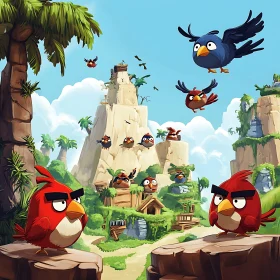 Birds Cartoon On Tropical Island