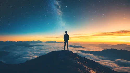 Silhouette at Summit: Stargazing Above Clouds