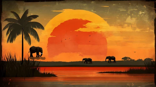 African Sunset with Elephants