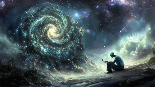Man with Laptop in Front of Galaxy