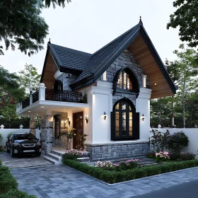 Elegant Modern Home with Arched Windows and Lush Garden