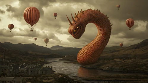 Fantasy Landscape with Dragon and Balloons