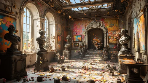 Ornate Hall with Colorful Splashes and Leaves