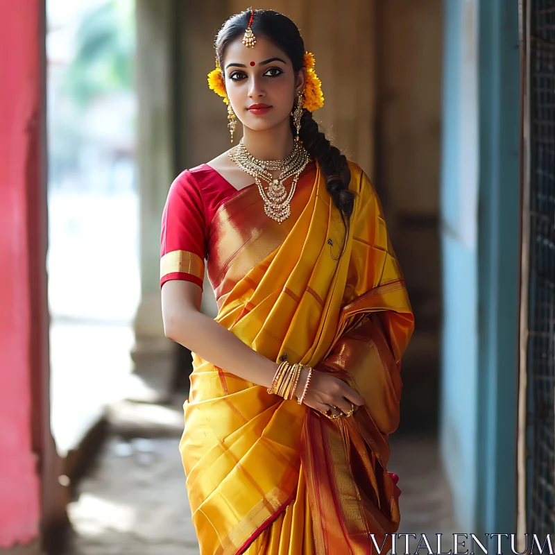 Golden Sari Beauty: A Portrait of Tradition AI Image