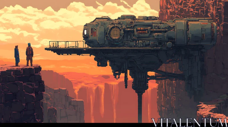 Sunset Vista with Futuristic Structure Pixel Art
