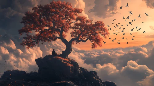 Lone Figure Under Tree at Sunset
