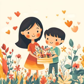 Cartoon Kids and Floral Box Scene