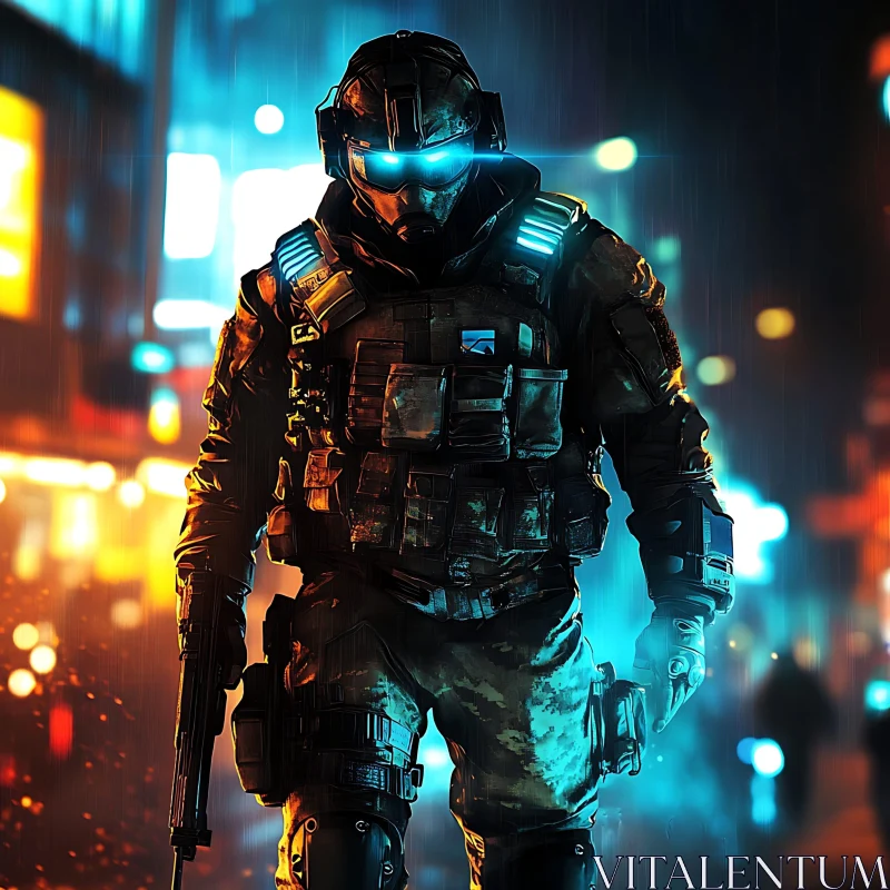 Futuristic Warrior in Urban Rain AI Image