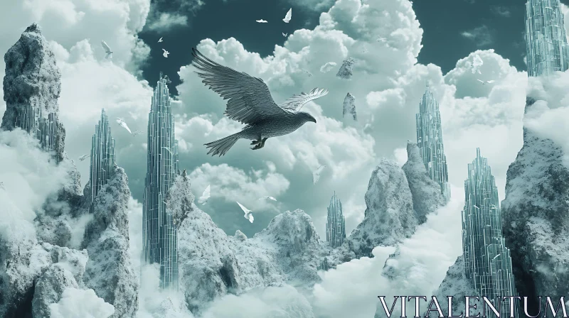 Eagle in flight over cloudy mountain landscape