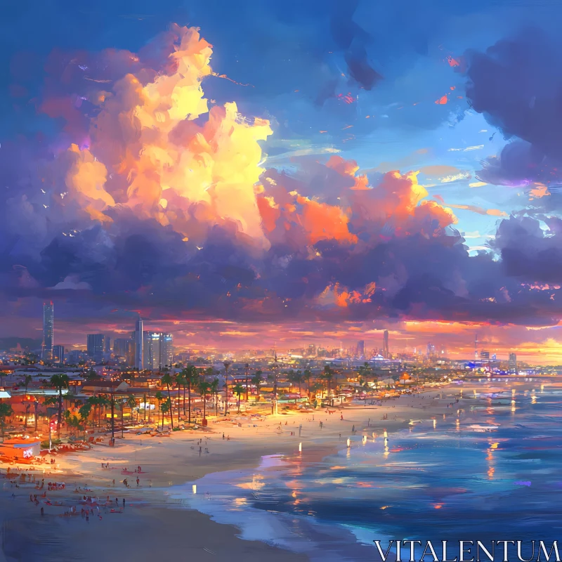 Coastal City Sunset Art