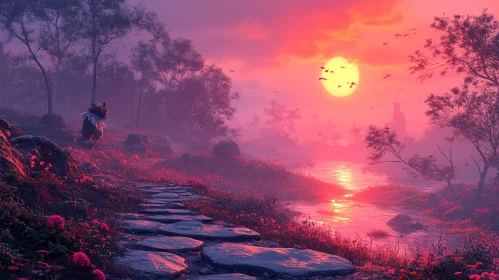 Pink Sunset Landscape with Stone Path