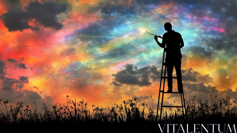 Silhouette on Ladder Painting Colorful Sky