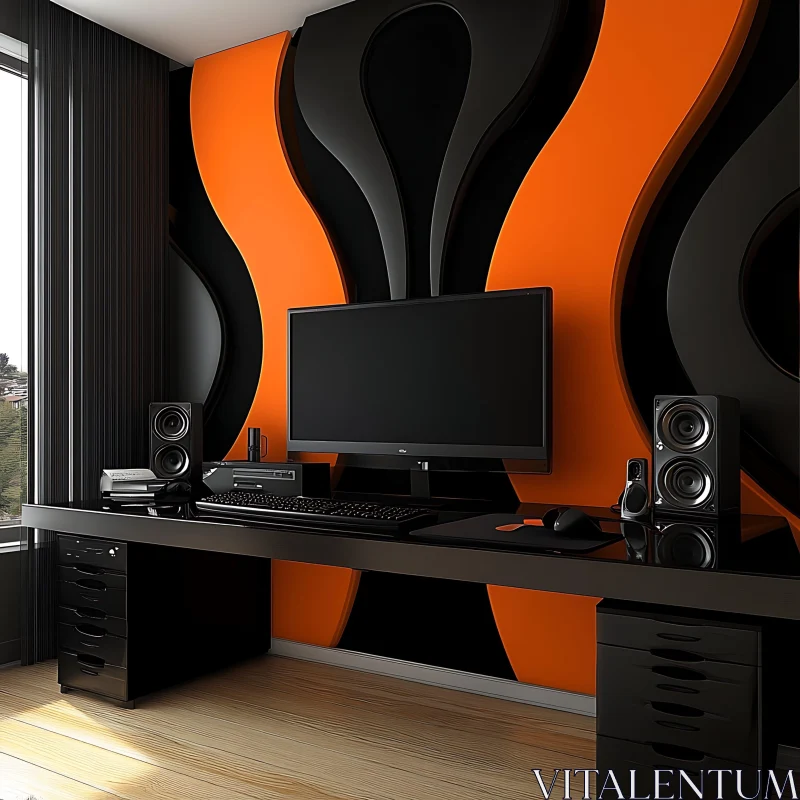 Stylish Workspace with Black and Orange Decor
