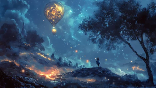 Night sky with balloons and silhouette