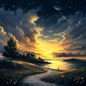 Tranquil Lakeside Sunset with Starry Sky