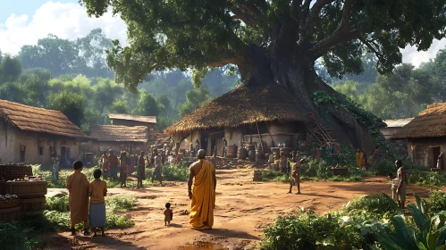 Village Scene with Monk and Giant Tree