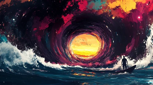 Paddleboarder and the Swirling Sunset Portal