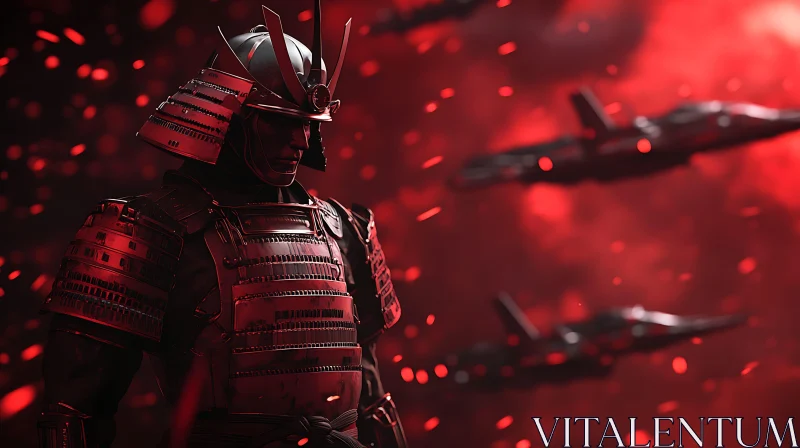 AI ART Red Armored Samurai with Fighter Jets