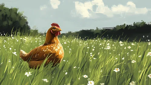 Peaceful Chicken Among Wildflowers