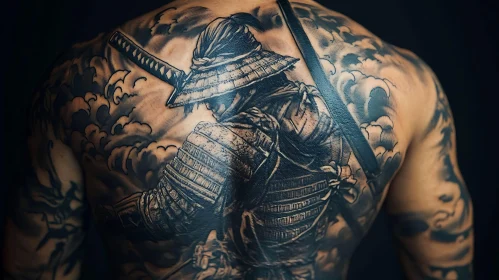 Grayscale Samurai Tattoo Art on Back