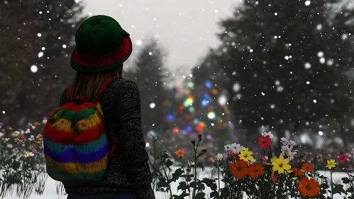Snowy Christmas Day with Colorful Flowers