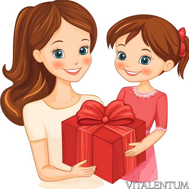Cartoon of Mother and Child with Present