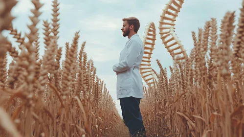 Man in Wheat Field with DNA