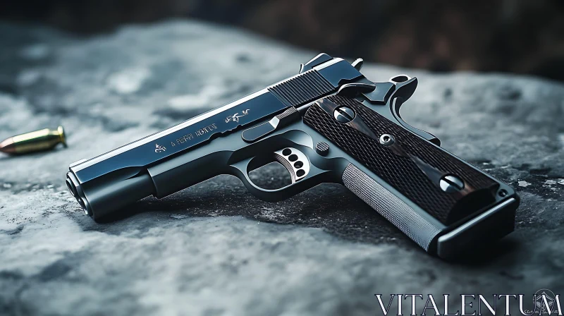 Metallic Gun with Bullet on Concrete