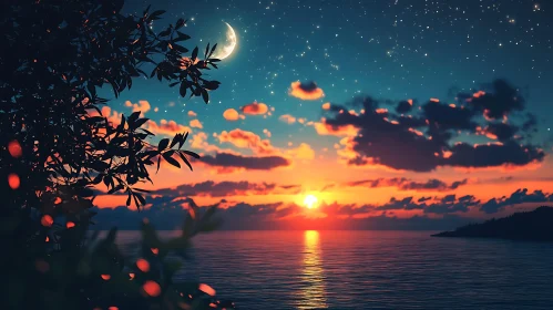 Evening Seascape with Moon and Stars