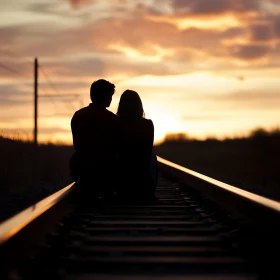 Sunset Serenade: Couple's Silhouette on Railway