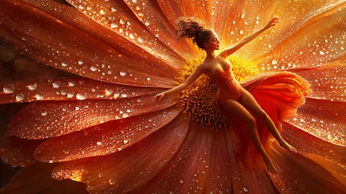 Woman in Flower with Water Droplets