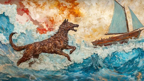 Textured Seascape with Wolf and Boat