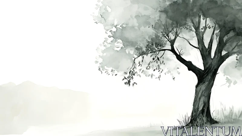 Minimalist Tree in Ink Wash Style AI Image