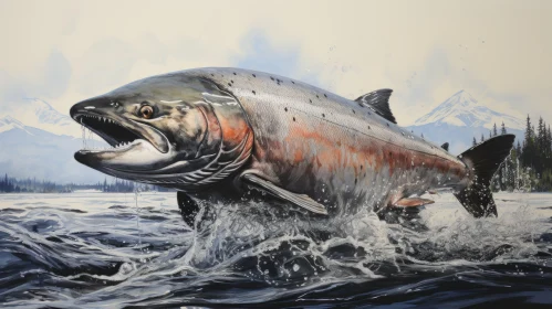 Captivating Salmon Leaping in Hyperrealist Style | Wildlife Art