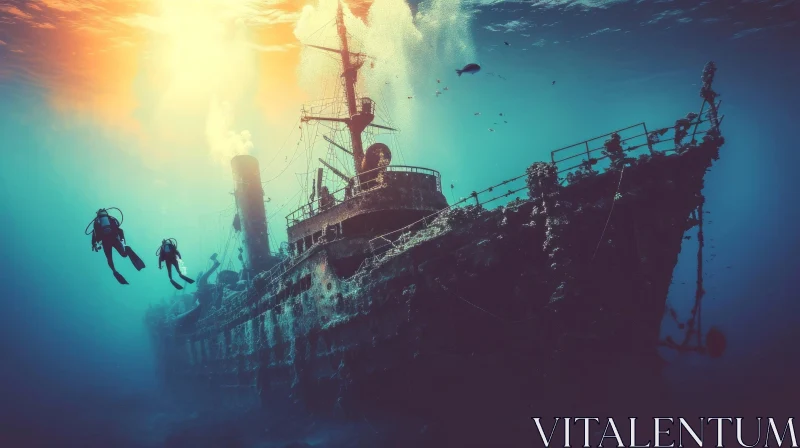 Captivating Underwater Shipwreck Scene with Divers | Surreal Nostalgic Realism AI Image