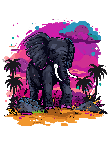 Cartoon Elephant in Desert with Pink Sky and Palm Trees