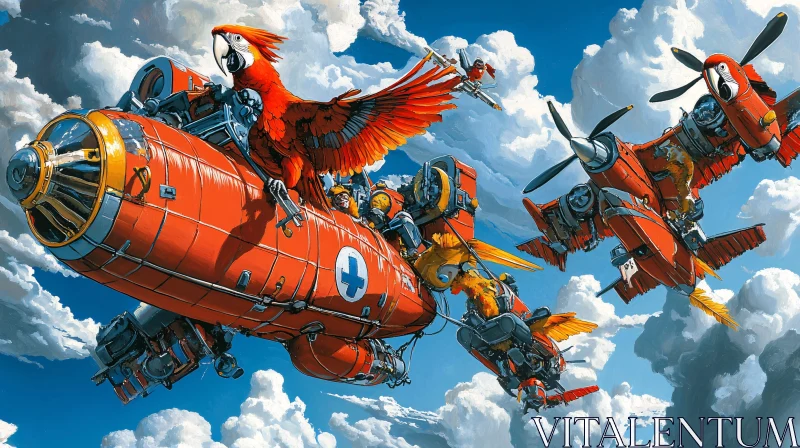 Whimsical Parrot Aviation in Cloudy Skies