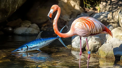 Elegant Flamingo Observing Fish