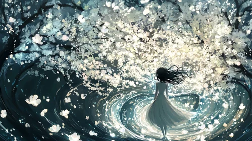 Dreamy Woman under Blossoming Tree Art