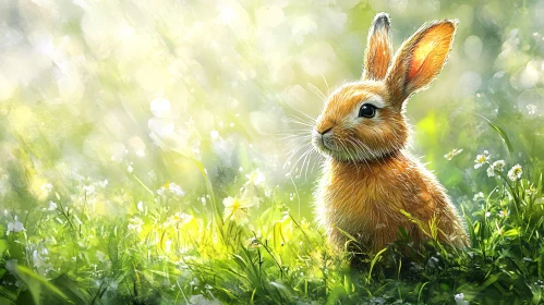 Sunlit Rabbit in Flower Meadow