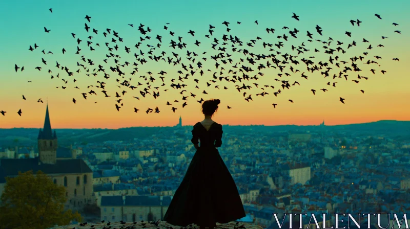 Silhouette of Woman Watching Birds Flying
